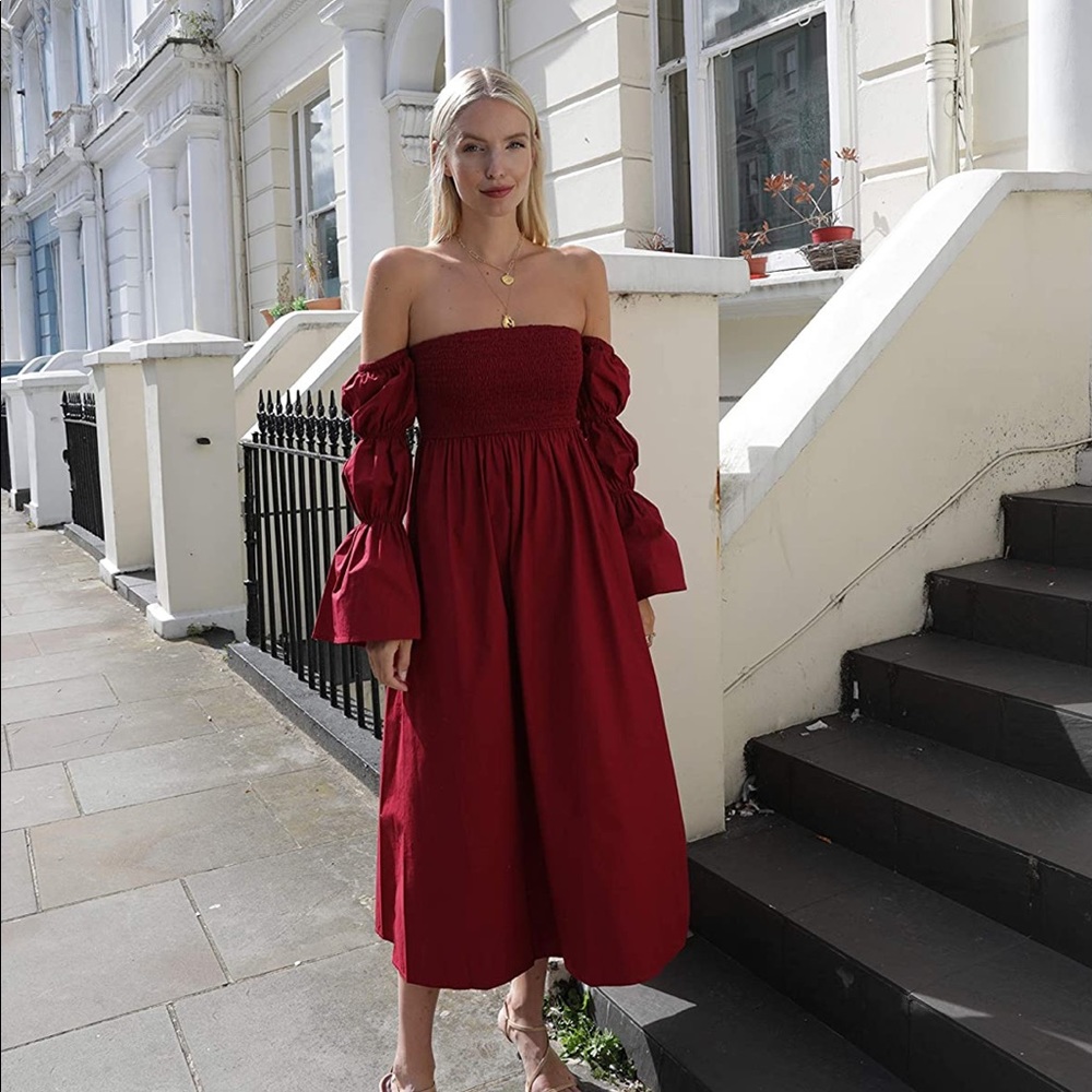 Amazon The Drop Bordeaux Off Shoulder Puff Sleeve Midi Dress by @leoniehanne